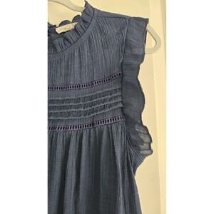 Parallel Skies‎ Blue gray ruffles Short Sleeve Women's Top SZ M embroidered #495